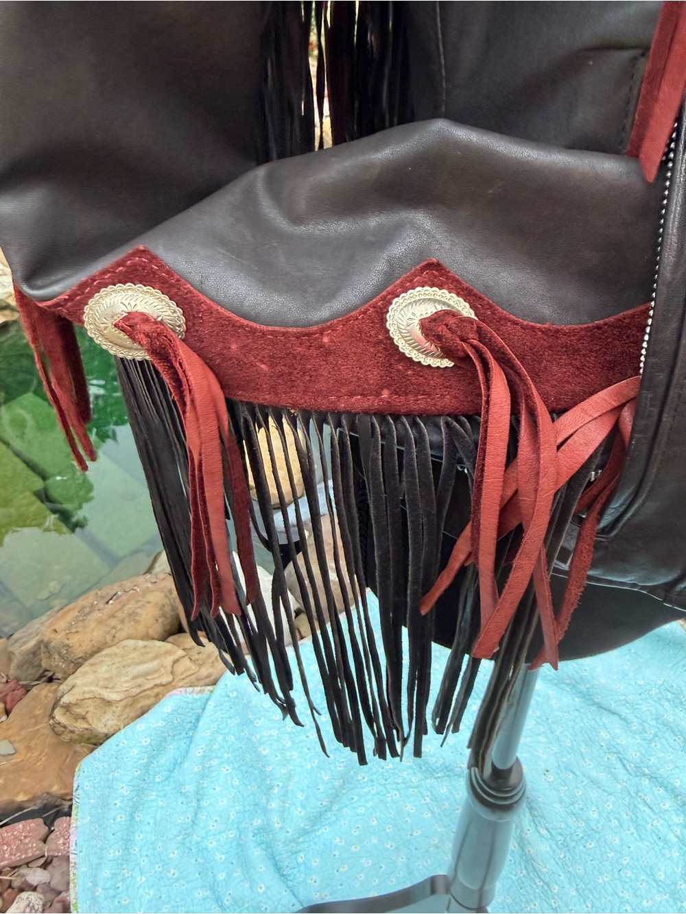 Black Leather Bomber Jacket with Red Fringe & Embroidered Accents - Picture 6 of 11